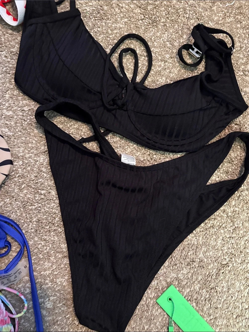 Swimwear Bundle Black and Neon Green Bikini Bottom Set and a bunch of tops